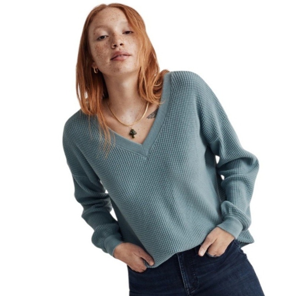 Madewell Womens Large Blue Waffle Knit Boxy Sweater V Neck Long Sleeve